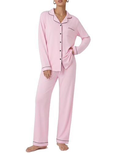 Ekouaer Pajamas Women's Long Sleeve Sleepwear Soft Button Down Loungewear Pjs Lounge Set Nightwear XS-XXL