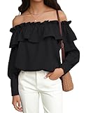 Prettywear Women's Sexy Off Shoulder Tops Long Sleeve Ruffle Blouse Flowy Going Out Shirt Oversized(Black,M)