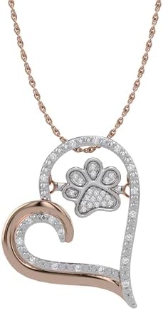 AFFY Paw Print Dog Cat Heart Pendant Necklace, 925 Sterling Silver & 10K Solid Gold Natural Diamond, Two Tone Heart Necklace for Pet Lovers, Elegant Silver Gift for Her