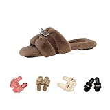 TAURAOO Women's Plush Slippers with Metal Decor - Trendy Fuzzy Fashion Slides, Super Light & Non - slip Sole, Cute for Home & Outdoor (Khaki, 6)