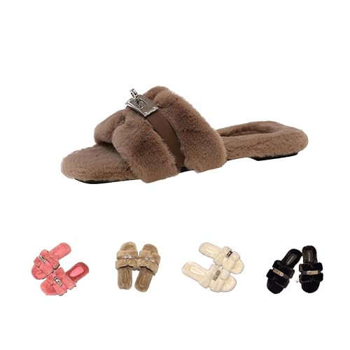 TAURAOO Women's Plush Slippers with Metal Decor - Trendy Fuzzy Fashion Slides, Super Light & Non - slip Sole, Cute for Home & Outdoor (Khaki, 6)