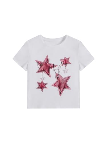 Image of RoseSeek Girl's Geometric Star Graphic Tee Tops Casual Summer Short Sleeve Crew Neck T Shirt