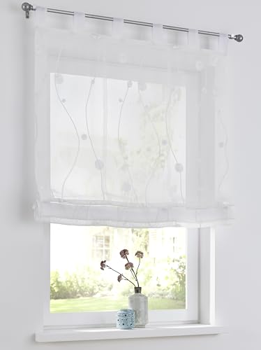 Nelly Store bateau blanc avec passants, moderne, brodé, store à enrouleur semi-transparent, en polyester, facile d'entretien, en taille 60 x 140 cm