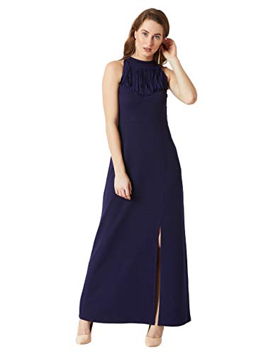Image of Miss Chase Women's Designer Wine Red Fringed Halter Neck Sleeveless Solid Maxi Front Slit Dress