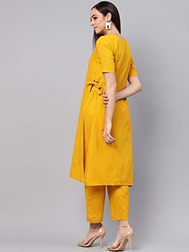 Image of idaLia Mustard Straight Cotton Solid Kurta Set for Women Stylish Boat Neck Design Kurta Set with Pant