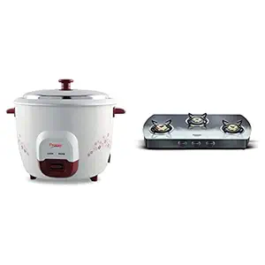 Prestige PRWO 1.8 Litre Red Colour Rice Cooker + Prestige Premia Schott Glass 3 Burner Gas Stove, Manual Ignition, Multi-color