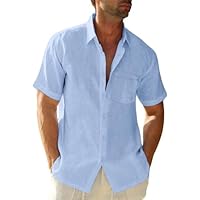 Glacspyg Camisa de los Hombres de Manga Corta Camisa de Trabajo Camisa Casual Ajustada de Negocios Casual de Vacaciones de Verano de Playa con Bolsillo Azul Cielo L