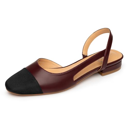 Image of Trary Slingback Flats for Women, Black Dressy Comfortable Round Square Toe Shoes, Work Office Casual Ankle Strap Dress Flats