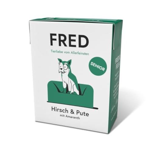 FRED Senior Nassfutter Hirsch & Pute – 28 % Hirsch & 12 % Putenherzen – speziell für ältere Hunde – mit Amaranth, Spirulina & Grünlippmuschel – 390 g Tetra Pak