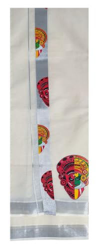 Image of Mens Print along with Border 100% Cotton Cream Dhoti 4.00 Meters Double Mundu /Vesti