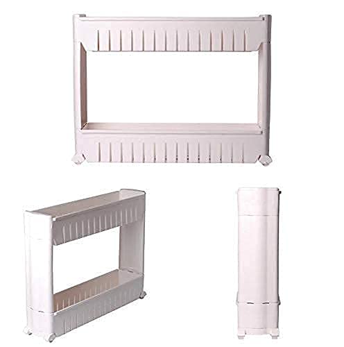 Image of 2 Layer Storage Organizer Slim Rack Shelf with Wheels for Easy Movement with Slide | Unbreakable Plastic, white (2 Layer Slim Rack)