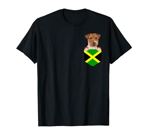 Jamaica Flag Russell Terrier Dog In Pocket T-Shirt, Black