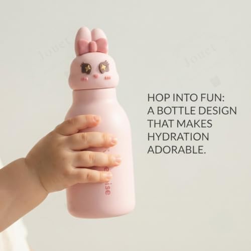 Image of JOUET Kids Stainless Steel Water Bottle 450ml with Pink Bunny Character Lid, Leakproof Straw Bottle for School, Travel & Daily Use