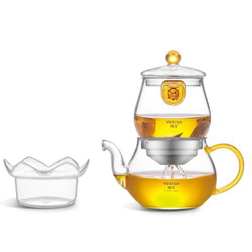 Veitron Easy to Soak Tea Pot, Total 560ml (18.94 oz) Glass Teapot with Base, Tea and Water Separation Magic Teapot for Stovetop, Home, Office or Solo Tea Drinking