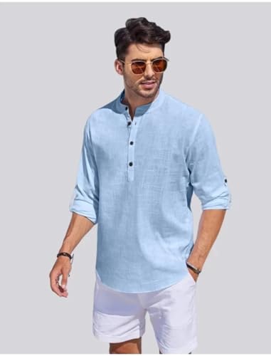 Image of Men's Cotton Blend Straight Kurta Shirt Combo with Mandarin Collar - Slim Fit Casual Short Kurti Set Featuring Textured Slub Fabric and Roll-Up Full Sleeves