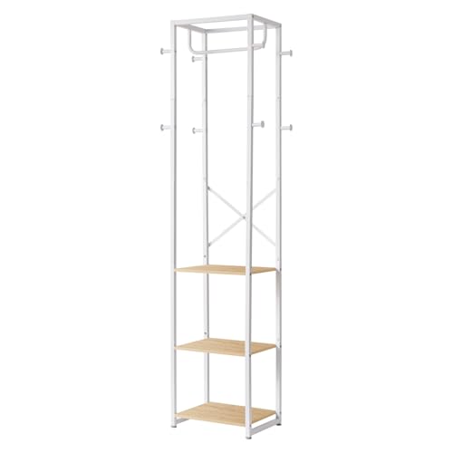 IBUYKE Perchero independiente con 3 estantes y 8 ganchos, perchero industrial para entrada, pasillo, dormitorio, 180 x 40 x 30 cm, color natural y blanco TMJ088R
