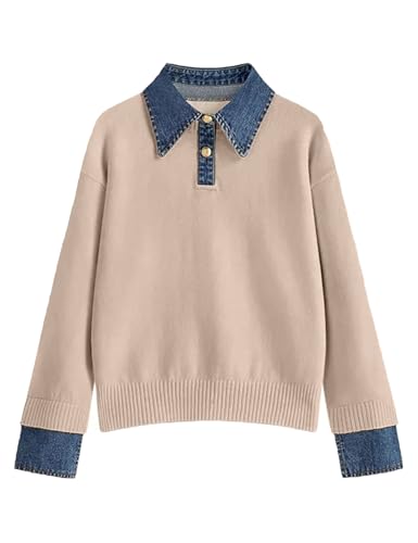 BQDCQB Womens Fall Oversized Long Sleeve Sweaters 2 in 1 Denim