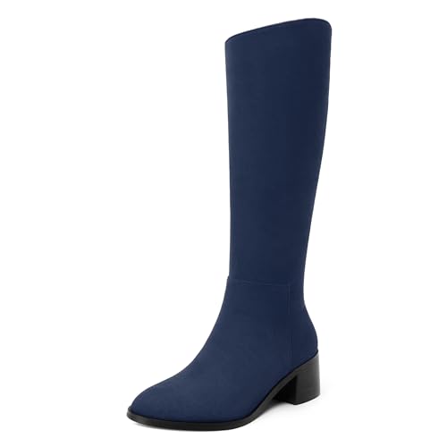 Womens Knee High Boots, Round Toe Low Block Heel Riding Boots, Cowboy Boots for Women, Chunky Heel Knee-high Tall Boots with Asymmetric Slant 2