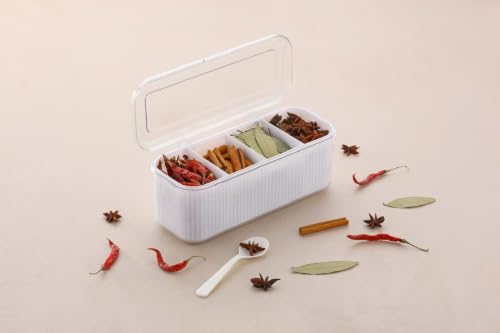 Image of Xmart India 4 Compartment Masala Dabba with Spoons | Spice Box with Transparent Lid | Kitchen Spice Organizer for Salt, Sugar, Masala, Herbs, Seasonings & Dry Fruits (Masala Box, Standard)