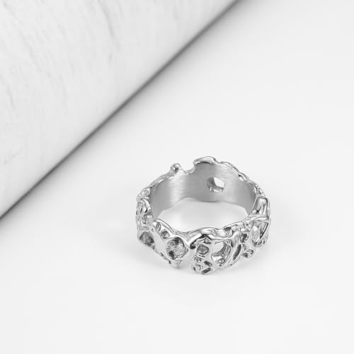 HZMAN Irregular Potholed Ring for Men Women Peculiar Stainless Steel Silver Ring Biker Wedding Cocktail Party Jewelry2