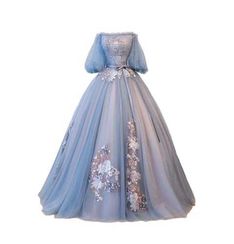 Girls' Lace Up Puffy Ball Quinceanera Dress Sweet 15 Birthday Party Gala Pageant Gown Appliques Tulle Blue