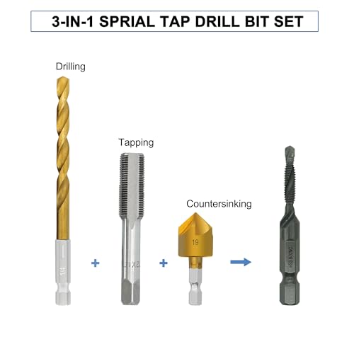 Combination Drill and Tap Bit Set with Quick-Change Adapter of 13Pcs, 6 SAE Sizes: 6-32NC to 1/4-20NC, 6 Metric Sizes: M3 to M10,Suitable for Drilling Tapping Threading Countersinking