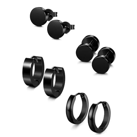 YADOCA 4 Pares Pendientes Hombre Negro Acero Inoxidable Hipoalergénico Pendientes de Aros Piercing Oreja Set para Hombres Mujeres