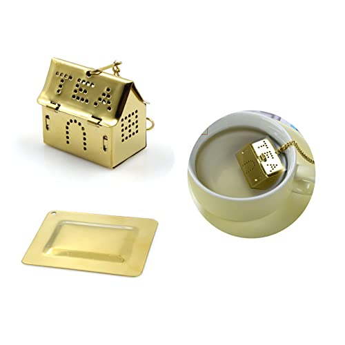 jinminamz Boule à thé en acier inoxydable 304 - Forme créative - Titane - Doré - Pour le bureau - Pour le thé - Pour le thé - Avec crochet - En forme de maison - Pour théière et tasses Cover