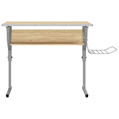 vidaXL Mesa de escritura ajustable para dibujar, con almacenamiento, roble Sonoma y gris, 110 x 53 x 58 cm, madera y acero - imagen 5