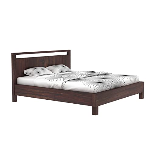 Image of Wooden King Size Bed Without Storage | Solid Wood Double Bed Cot Durban Bed for Bedroom | Sheesham, Walnut Finish