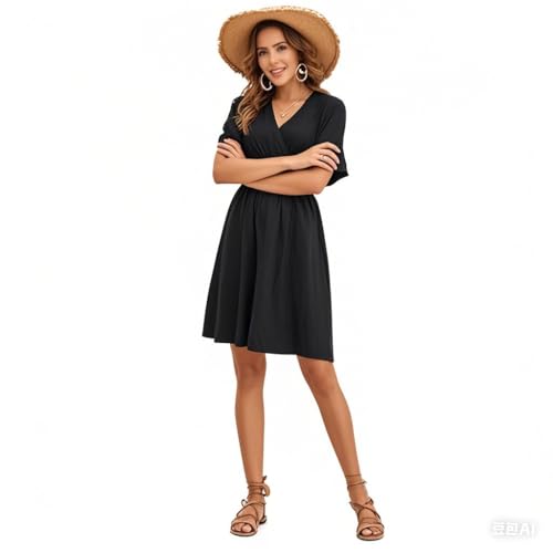 Image of LightlyKiss Women's V-Neck Short Flutter Sleeve Wrap A-Line Dress - Casual Embroidered Belt Beach Holiday Dress