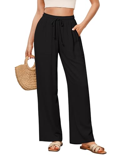 GRAPENT Linen Pants for Women Wide Leg High Waisted Baggy Drawstring Elastic Waist Palazzo Trousers Pants with Pockets
