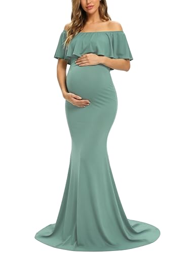 Glampunch Womens Off Shoulder Maternity Dress Ruffles Elegant Slim Gowns Fit Maxi Photography Dress Sage