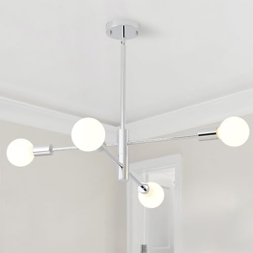 HHR Modern Sputnik Chandelier, Industrial 4-Light Chrome Ceiling Chandelier, Mid Century Light Fixture for Farmhouse Dining Room, Height Adjustable Chandeliers for Kitchen Island