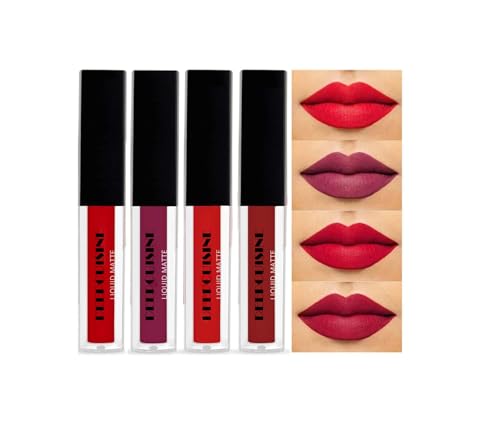 Matte Liquid Lipstick Set, 4 Pieces, Long-Lasting, Waterproof, Smudge-Proof, Rich Red and Deep Red Shades
