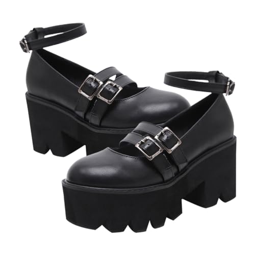 Chaussures à talons épais pour femme de style rétro bout rond couleur noir