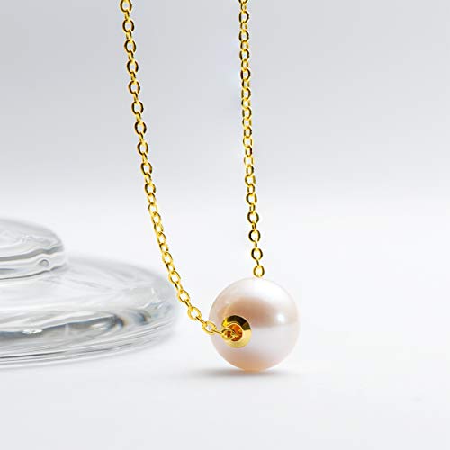 18K Gold White Pearl Pendant Necklace 9.5-10mm Freshwater Cultured Single Pearl Necklace Gifts for Women Wife Mom Valentines Day - White Gold/Yellow Gold4