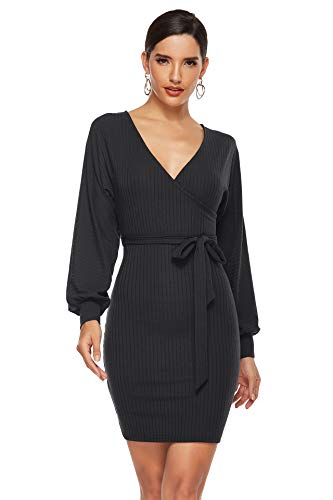 Robe pull tricotée à laçage ajustable et col V plongeant couleur unie