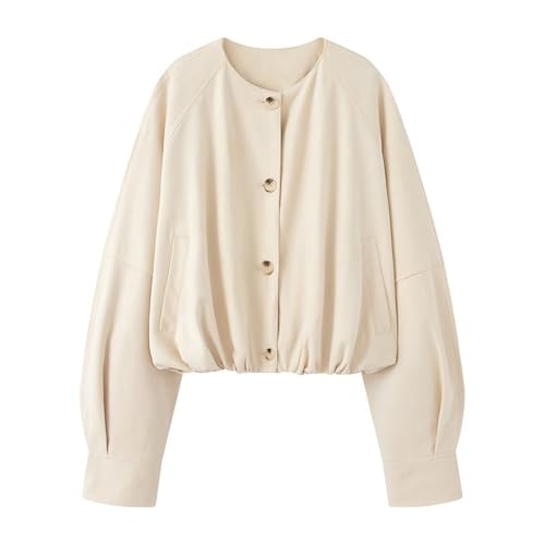PLCPDM Abrigo de ante sintético de longitud corta para mujer, chaqueta de manga larga con botones, ropa de abrigo plisada de gran tamaño con bolsillos, abrigo corto sin cuello, C, L