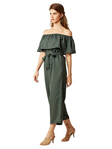 Image of Miss Chase Women's Blue Off-Shoulder Ruffled Midi Jumpsuit
