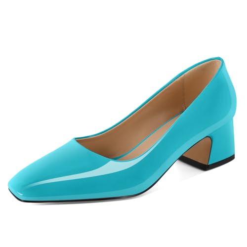 Soireelady Womens Chunky Block Heels Square Toe Low Heel Pumps Closed Toe Slip On Patent Classic Dress Shoes 2 Inches