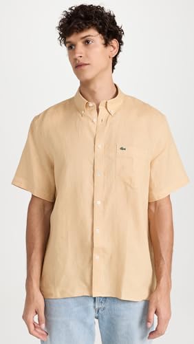 Lacoste Men's Short Sleeve Regular Fit Linen Button Down Shirt with Front Pocket2
