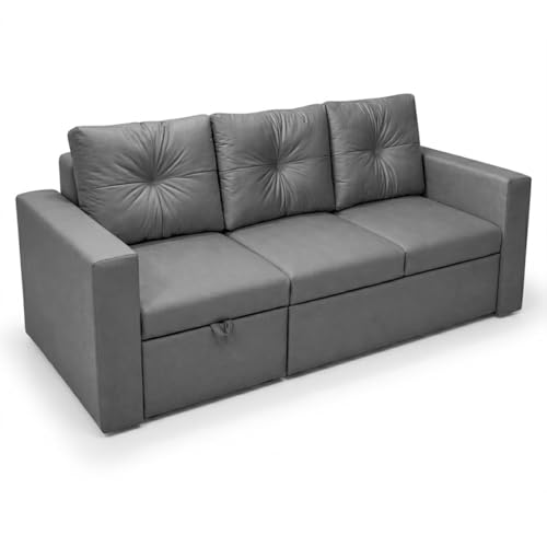 Image of FURNY Tira 4 Seater LHS Lounger Sofa Cum Bed (Dark Gray) with Pull-Out Function | Luxury Velvet Suede Finish | Durable Comfort | Ideal for Living Room