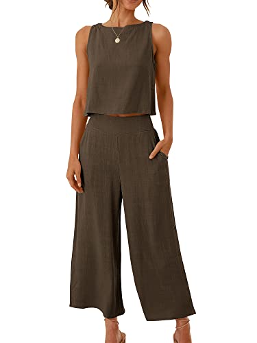 Image of ANRABESS Women's Summer 2 Piece Outfits Sleeveless Tank Crop Button Back Top Cropped Wide Leg Pants Set Pockets