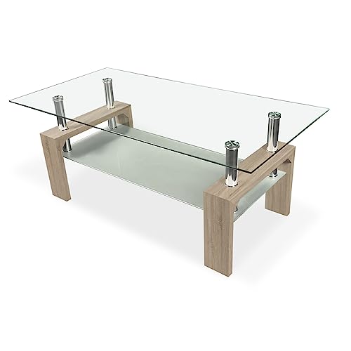 Homey - Mesa de Centro de Cristal, Mesita de Salón o Comedor, Modelo Tango, Acabado en Color Cambria, Medidas: 110 cm (Ancho) x 55 cm (Fondo) x 45 cm (Alto)
