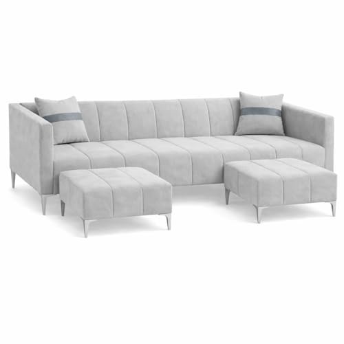Image of Solomon 6 Seater L Shape Sofa Set with 2 Movable Ottoman | Flexible Left or Right Layout | Luxe Velvet Suede Fabric | Comfortable Seating | Modern Sofa for Living Room - Light Grey