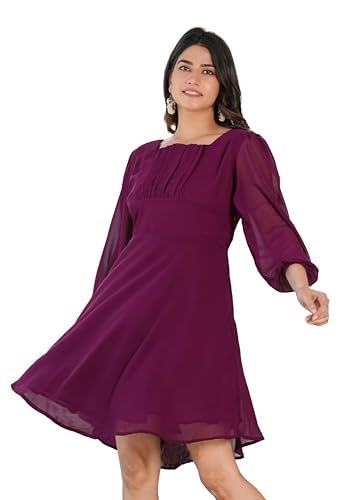 Yash Gallery Women's Georgette 3/4 Puff Sleeve Square Neck Midi Dress