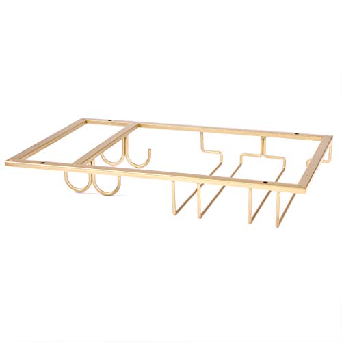 Fvstar Wine Glass Rack under Cabinet Stemware Wine Glass Holder Glasses Storage Hanger with 4pcs Mugs Hooks Metal Organizer for Bar Kitchen,Champagne