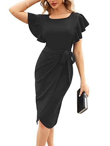 HELYO Women's Elegant V-Back Ruffle Sleeve Sheath Dresses Belted Ruched Elegant Casual Work Cocktail Party Dress