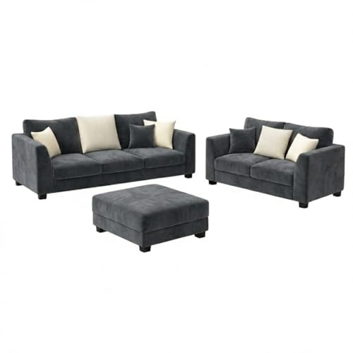 Image of SOCOZI Trevano 5 Seater Sofa Set with Ottoman (3 Seater + 2 Seater + Ottoman) | Soft Velvet Suede Fabric | Plush Comfort Cushions for Living Room (Cream-Dark Gray)